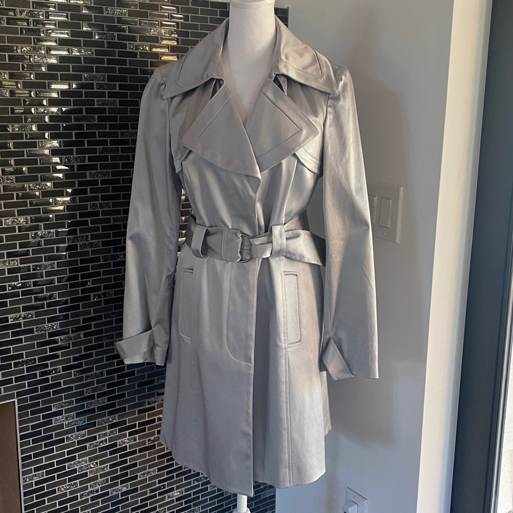 INC International Silver Satin Lined Trench Coat S